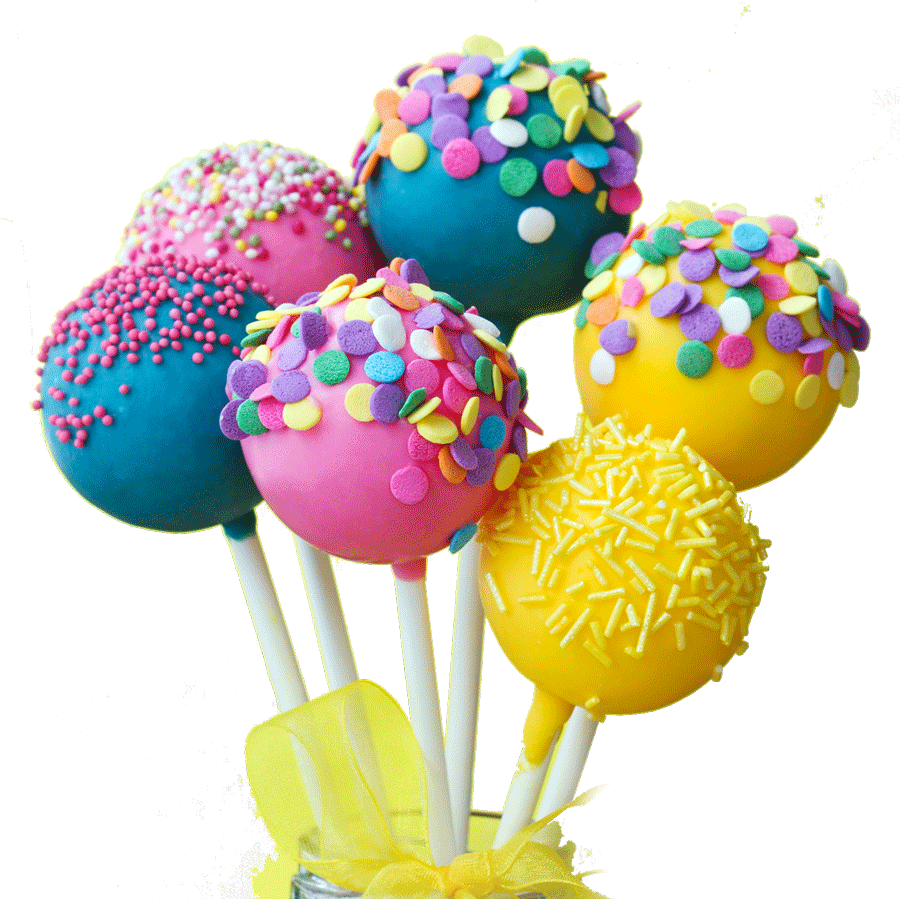 Colorful cake pops decorated with sprinkles, in bright pink, blue, and yellow hues, displayed on sticks with a yellow ribbon.